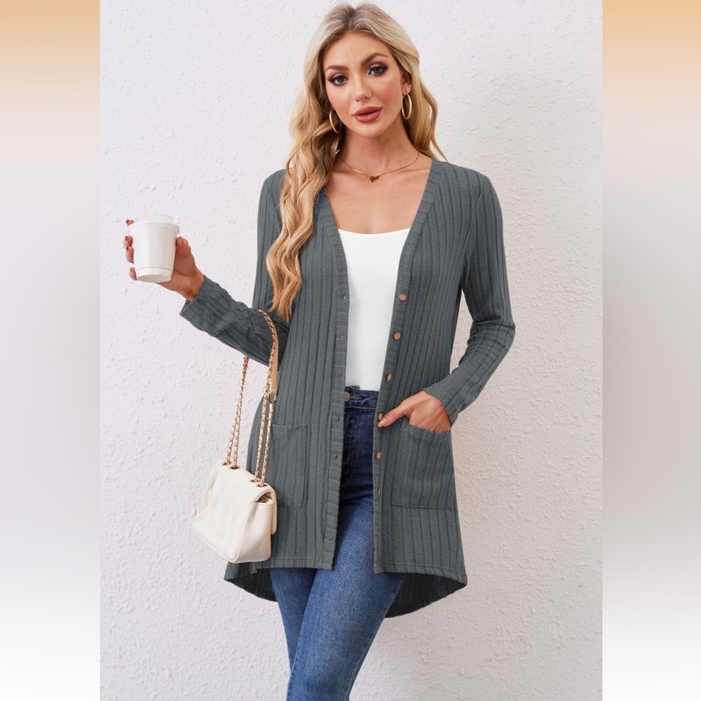 NWT 🖤 OVERSIZED LONG GRAY LIGHTWEIGHT KNIT CARDIGAN SWEATER Women’s XL 20/22 - Picture 1 of 11